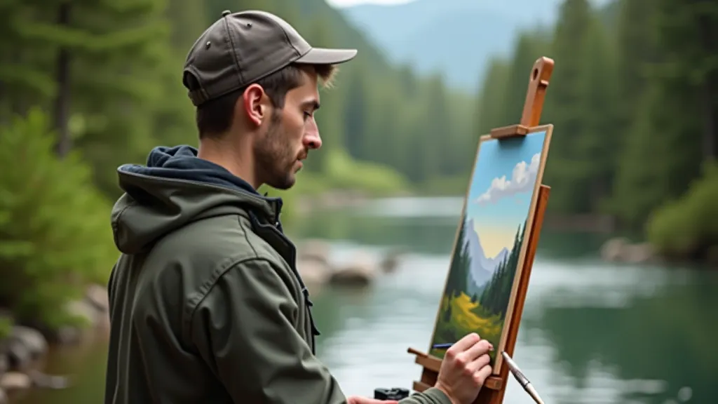 Artist setting up outdoor watercolor painting equipment on field with water and brushes