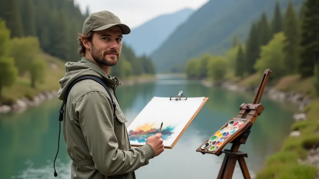 Artist holding lightweight portable watercolor kit and sketchbook near water during outdoor painting session