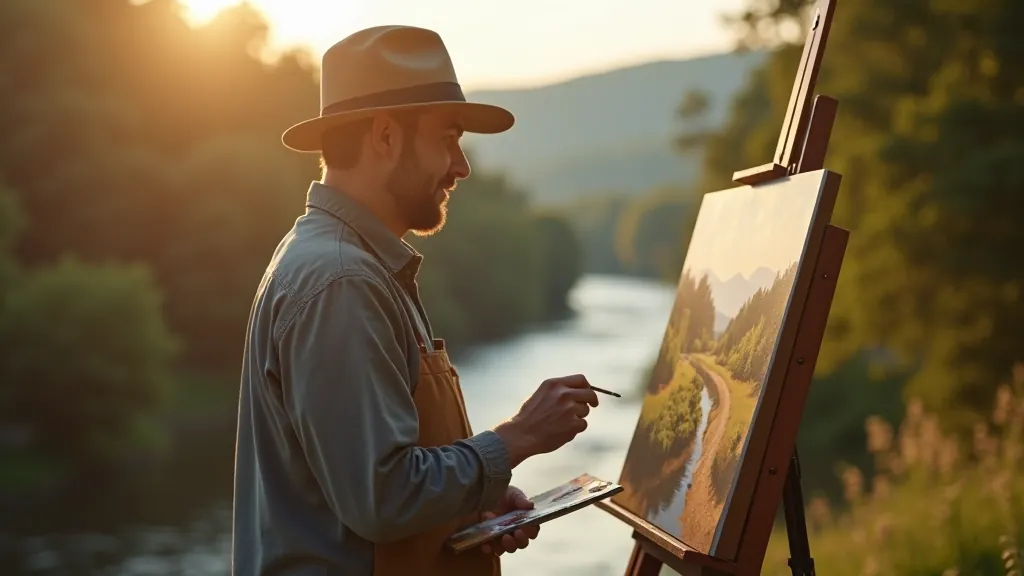 Artist painting landscape outdoors with natural light and shadow visible in the valley scene