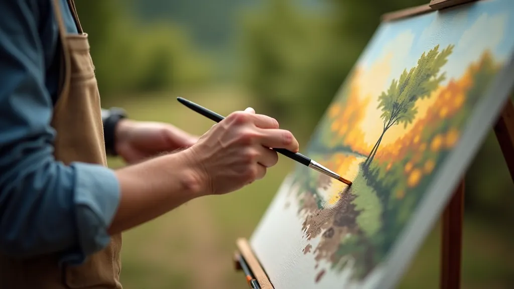 Artist hands working on a landscape painting