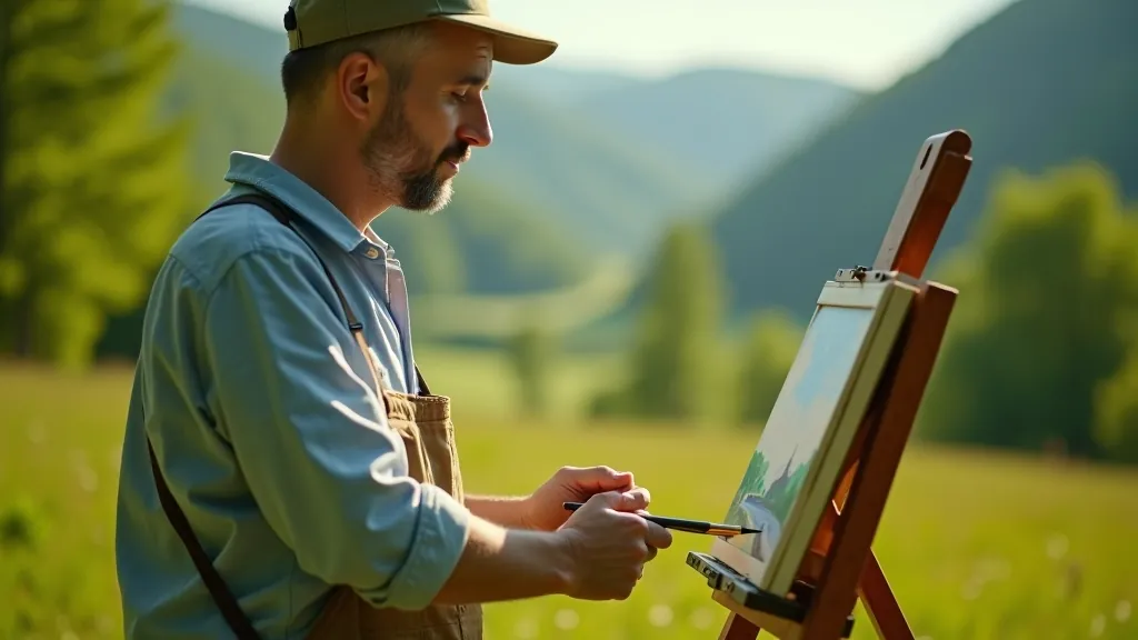 Artist painting outdoors in natural landscape