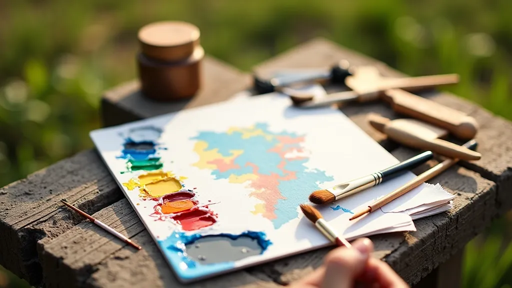 Artist's palette with mixed paint colors and brushes ready for painting