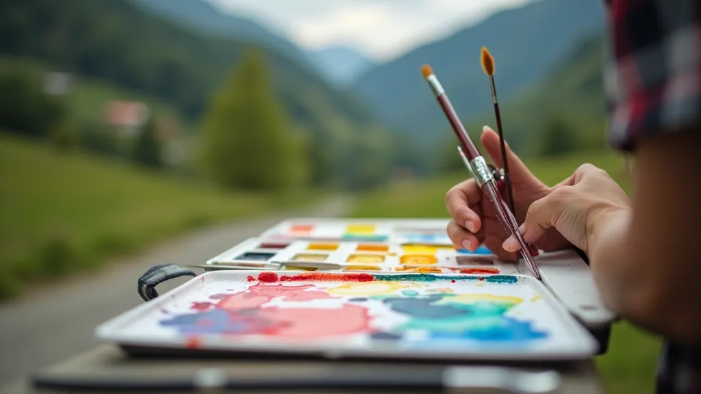 Close-up detail of watercolor palette with various pigments, synthetic brushes soaking in water, and artist's hand selecting a brush to mix colors