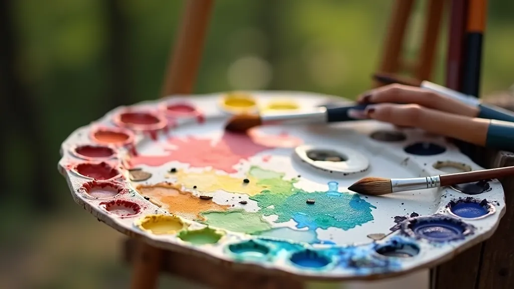 Close-up of watercolor palette and brush strokes