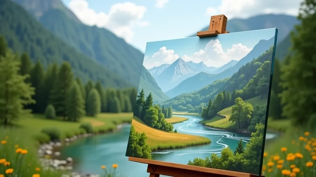 Landscape painting on canvas showing realistic light effects and shadow technique in outdoor scene
