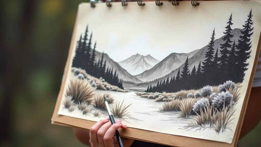Landscape sketch showing clear light and shadow blocking with charcoal and white chalk on toned paper, demonstrating value contrast in nature scene