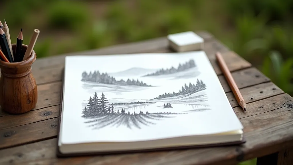 Open sketchbook with pencil drawings of trees and landscape compositions displayed on outdoor wooden table with natural lighting