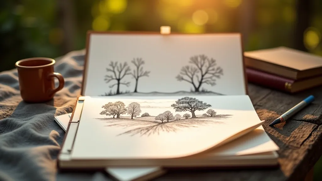 Sketch pad with nature drawings and pencils