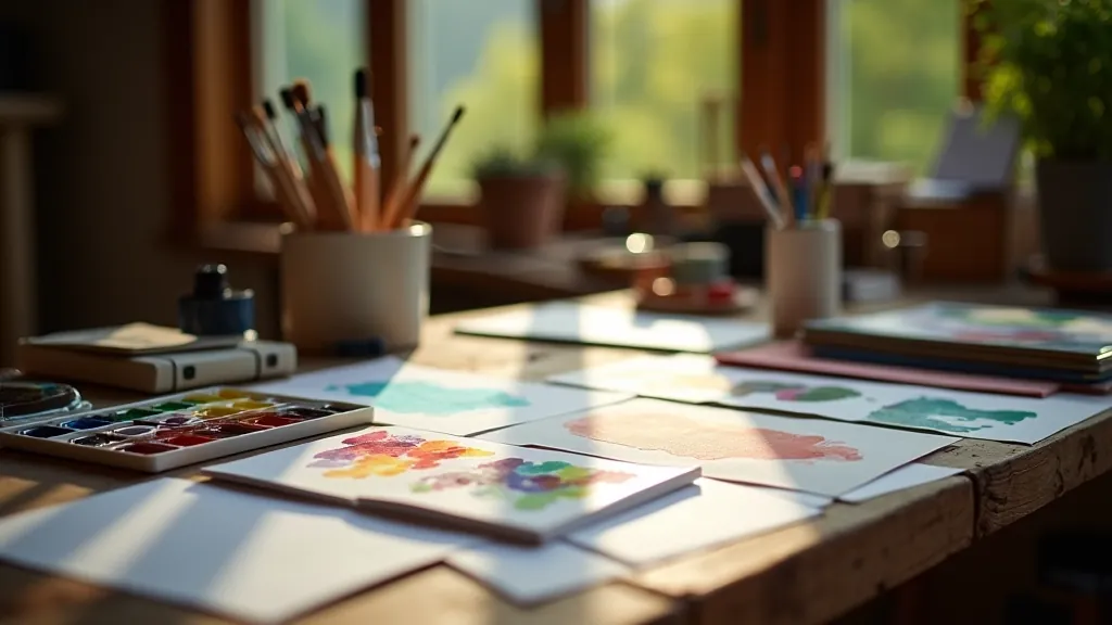 Multiple watercolor palettes and brush sets arranged showing progression from basic starter kit to more advanced artist kit with professional-grade materials