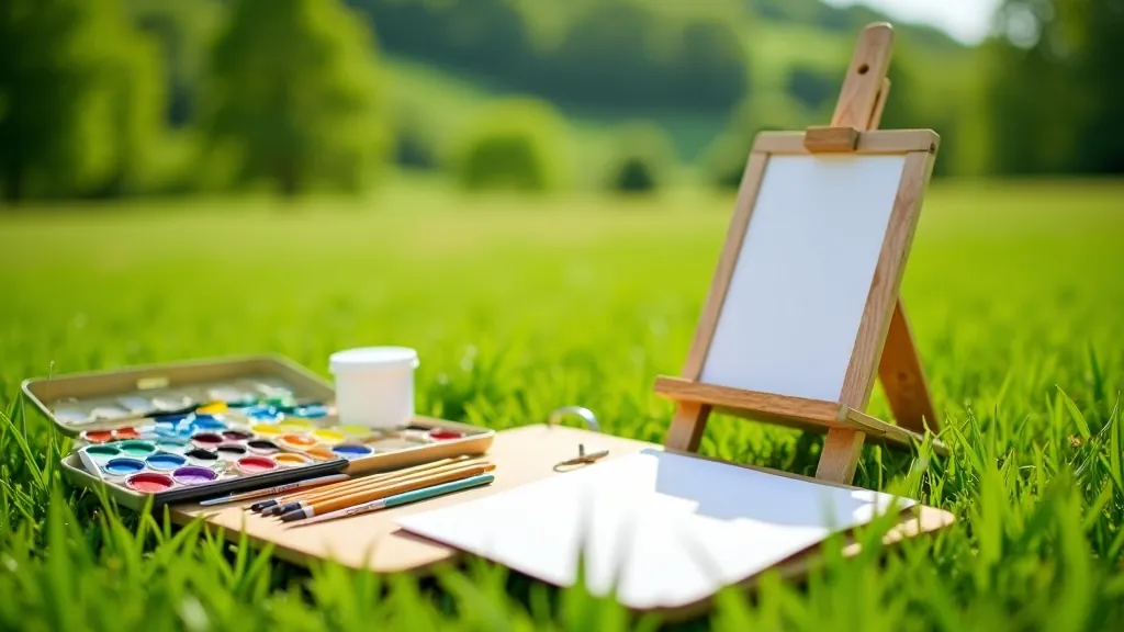 Compact plein air kit laid out on grass showing watercolor palette, brushes, paper pad, and water container organized in travel-friendly arrangement
