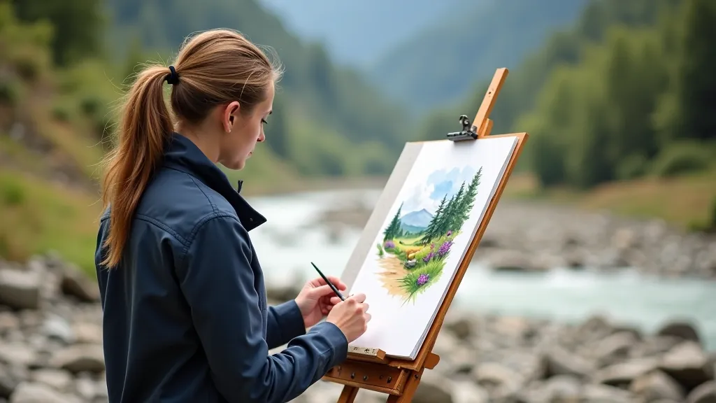 Artist painting outdoors in Gauja valley with easel and natural light