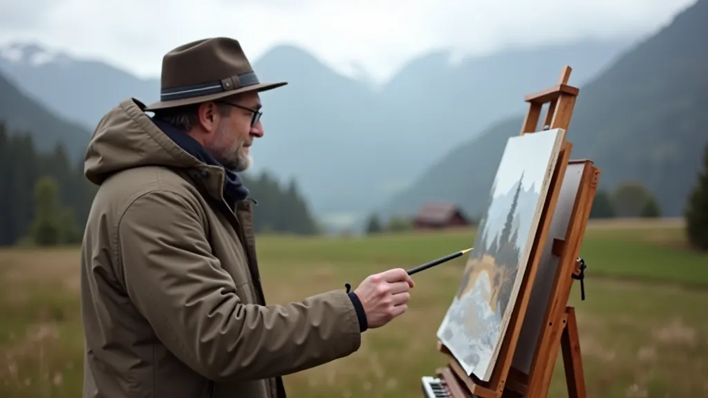 Artist wearing protective clothing and hat working at easel outdoors during overcast weather, demonstrating proper field setup and weather protection gear