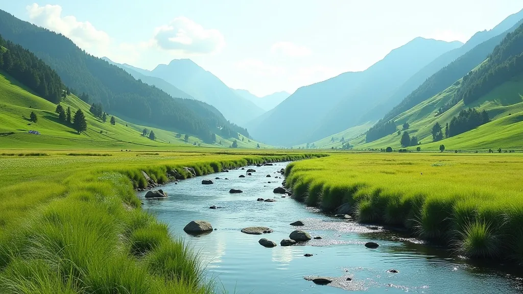 River valley landscape with green hills and water