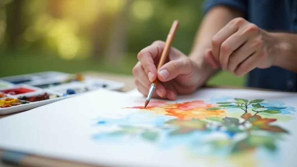Close-up of watercolor painting technique showing wet brush applying transparent washes to paper outdoors