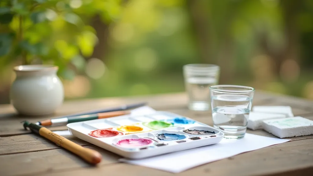 Watercolor supplies arranged on outdoor painting surface with brushes, paint palette, and water containers